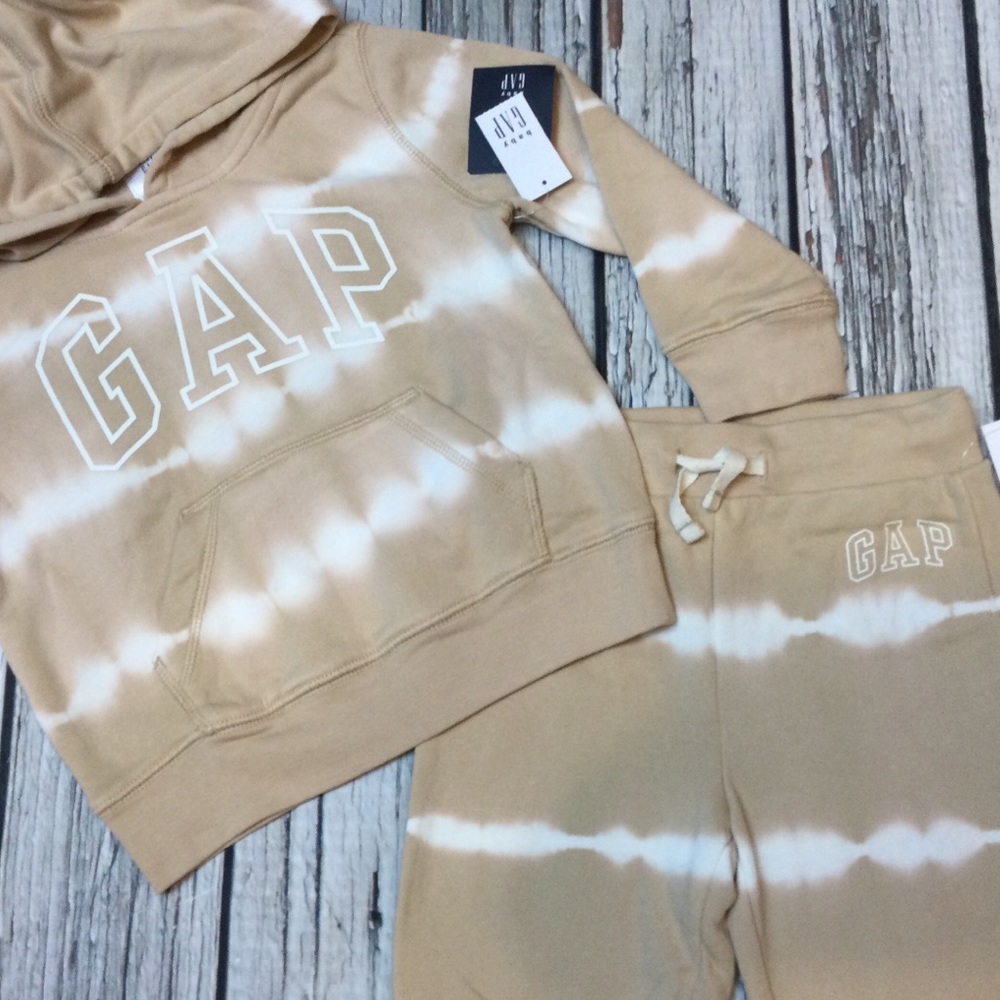 Gap Boys 3T 4T 5T Tan Brown & White Hoodie Sweatshirt & Sweatpants Outfit NWT - Picture 2 of 4